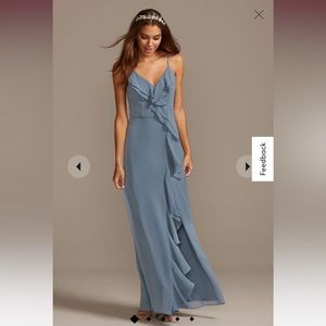 David’s Bridal Rruffle spaghetti-strap chiffon dress with slit SLATE BLUE